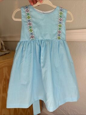 Girls' Light Blue Sleeveless Cotton Dress with Floral Trim